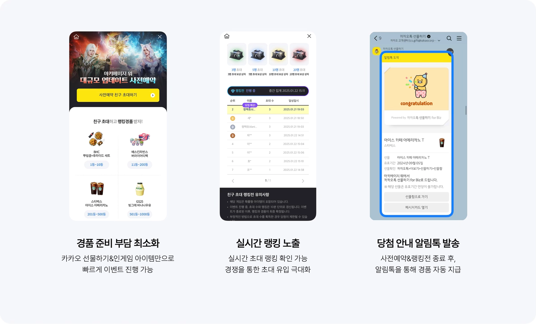 친구 초대 랭킹과 당첨 알림 운영 게임 사전예약 친구 초대 보상 화면, 초대 순위표, 당첨 안내 알림톡 화면