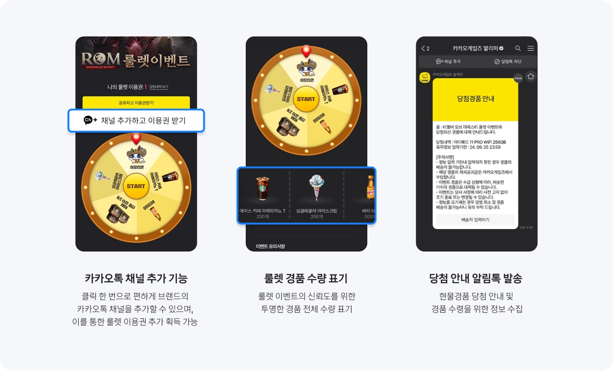 룰렛 이벤트·채널 추가·당첨 안내 룰렛 이벤트 화면과 카카오톡 채널 추가 안내, 당첨 경품 안내 알림톡 화면