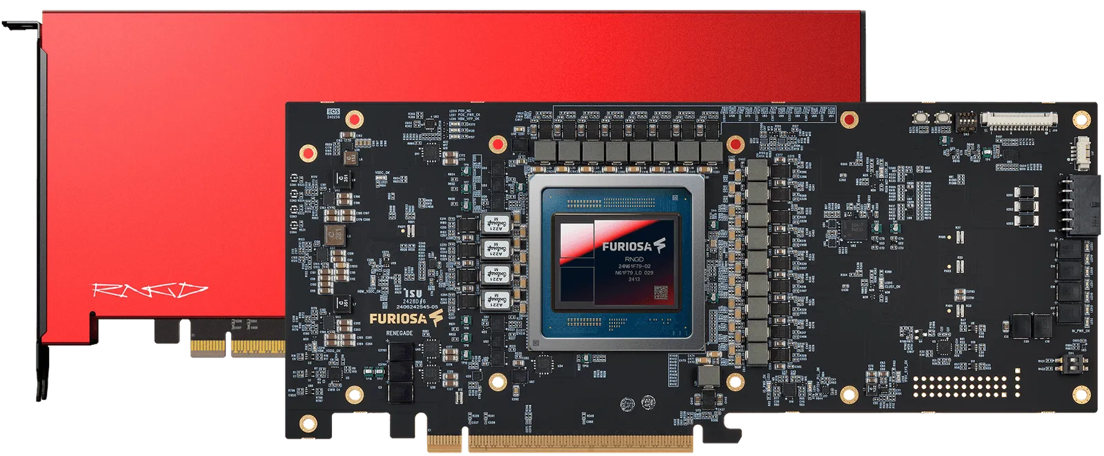 퓨리오사AI RNGD PCIe AI 가속기 카드와 기판 구조 퓨리오사AI RNGD 가속기 카드의 붉은 방열 덮개와 노출된 검은 회로기판