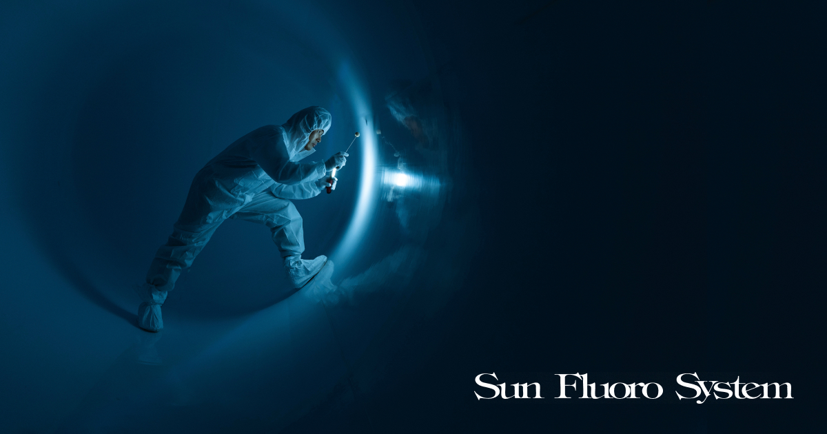 Sun Fluoro System의 대형 탱크 라이닝 작업 보호복을 입은 작업자가 대형 원통형 탱크 내부 표면을 작업하는 모습