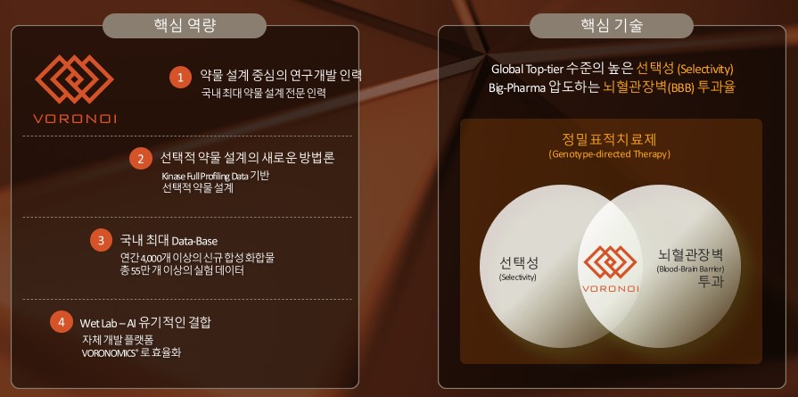선택성과 뇌혈관장벽 투과를 함께 제시한 기술 도식 선택성과 뇌혈관장벽 투과를 겹치는 원으로 설명한 보로노이 기술 도식
