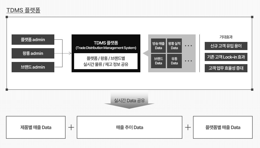 TDMS 플랫폼의 실시간 물류·재고 정보와 매출 데이터 공유 구조 플랫폼·왕홍·브랜드 관리자 데이터가 TDMS 플랫폼으로 연결되고 매출 데이터로 이어지는 도식