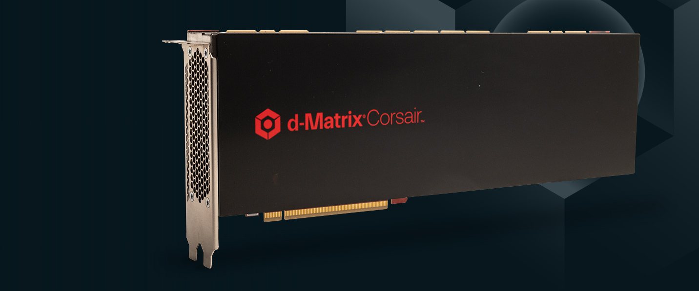 d-Matrix Corsair AI 가속기 카드 d-Matrix Corsair 로고가 표시된 검은색 PCIe AI 가속기 카드