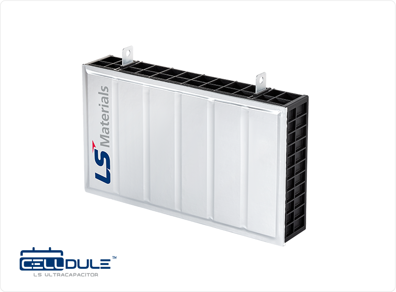 LS Materials 로고가 표시된 흰색 직사각형 CellDule 울트라커패시터 모듈