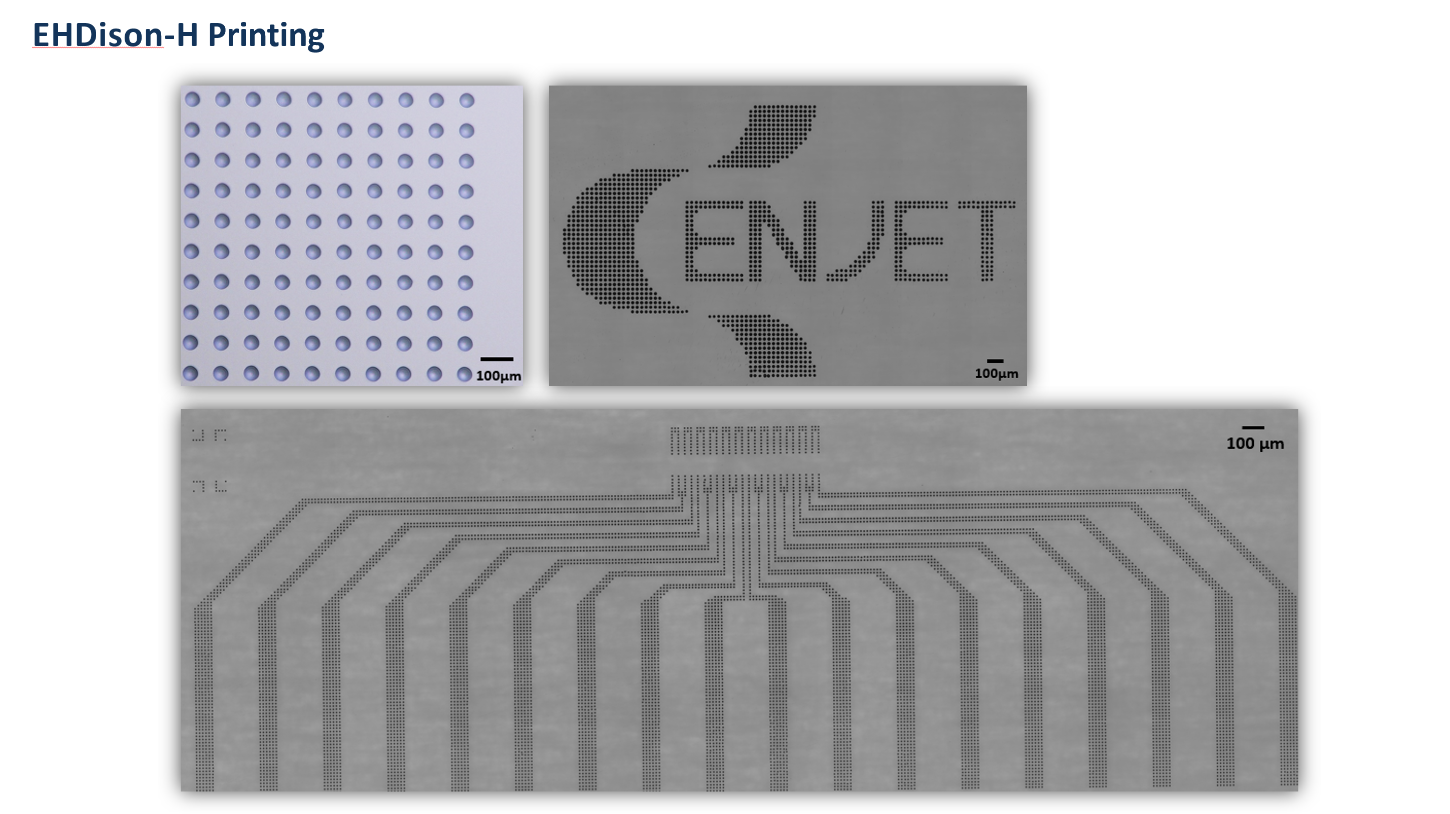 EHD 프린팅으로 형성한 점·문자·배선 패턴 점 배열, ENJET 문자 패턴, 미세 배선 패턴을 함께 보여주는 EHD 프린팅 결과 이미지