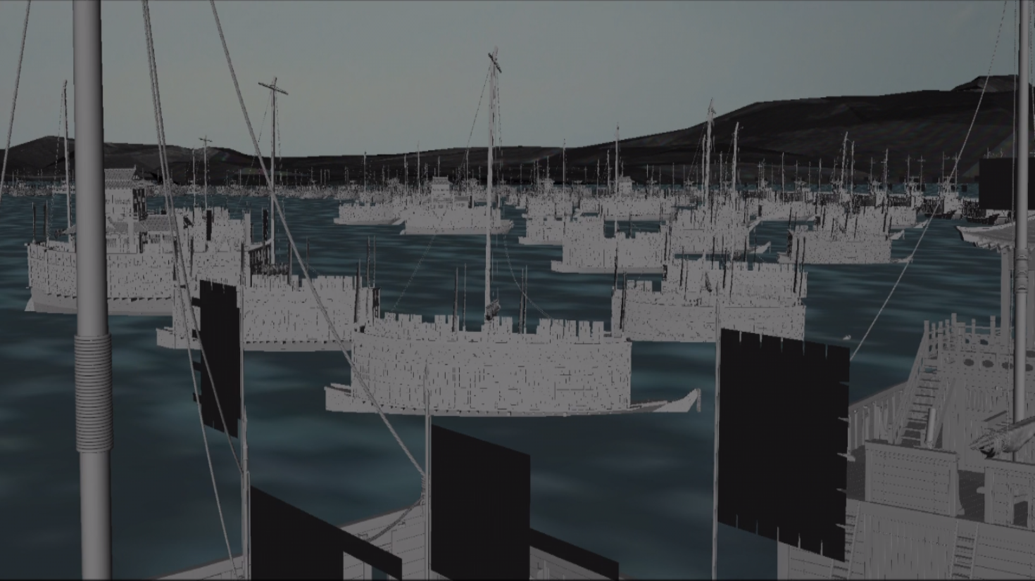 해상 함대 장면의 3D CG 모델링 화면 바다 위 목선 함대를 회색 3D 모델로 표현한 컴퓨터 그래픽 화면