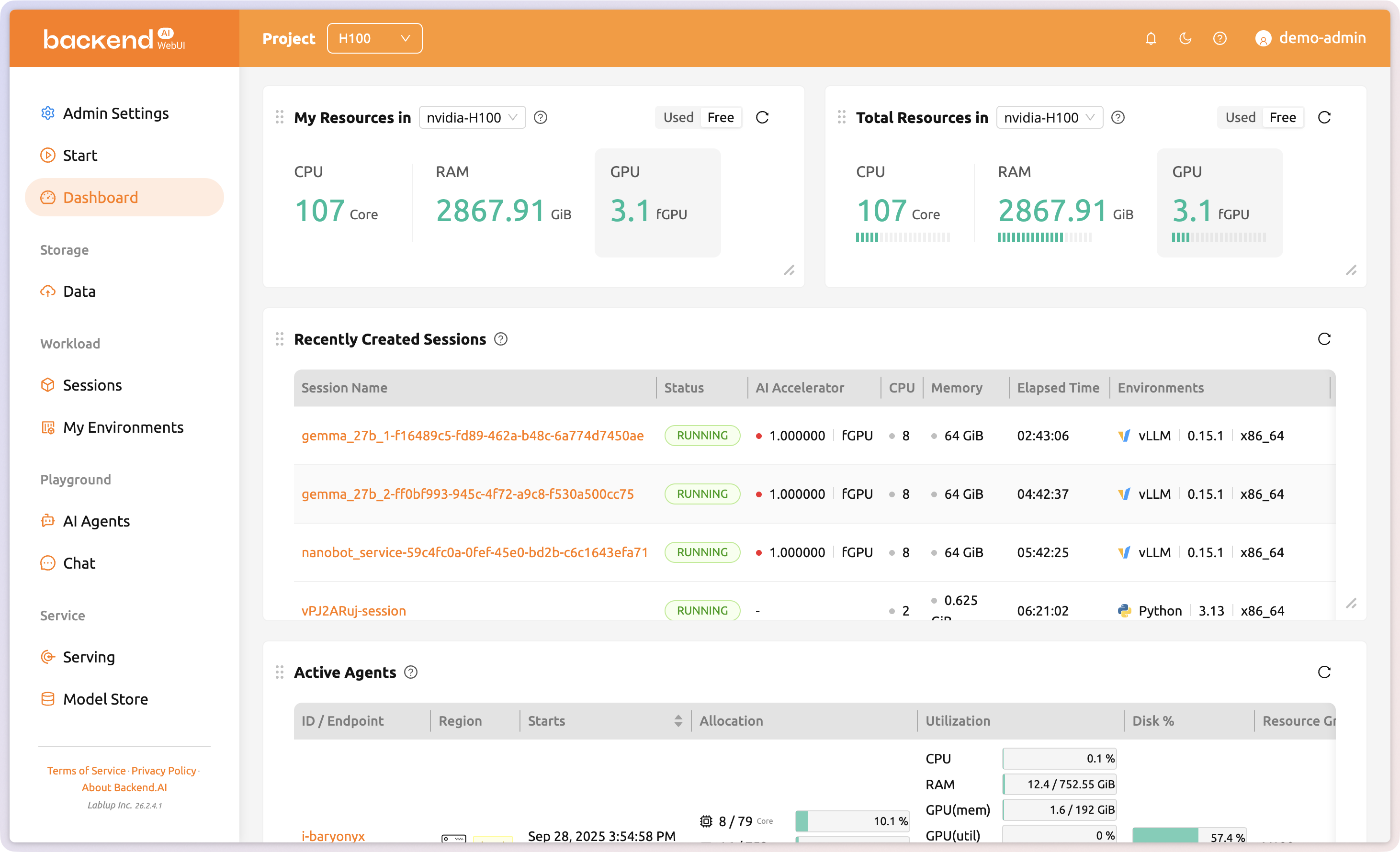 Backend.AI WebUI의 GPU·세션 자원 관리 화면 Backend.AI WebUI 제품 예시에서 CPU·메모리·GPU 자원과 실행 세션을 함께 표시한 대시보드