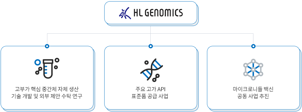 고부가 중간체·API·마이크로니들 백신의 연구·사업 영역 고부가 핵심 중간체 자체 생산, 주요 고가 API 공급, 마이크로니들 백신 공동사업을 제시한 연구·사업 영역 도식