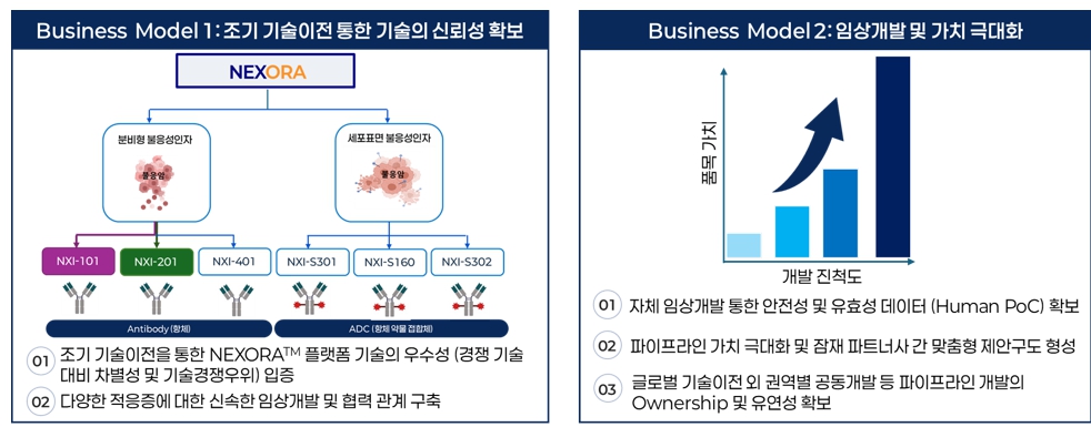 NEXORA를 활용한 조기 기술이전과 자체 임상개발의 두 사업모델