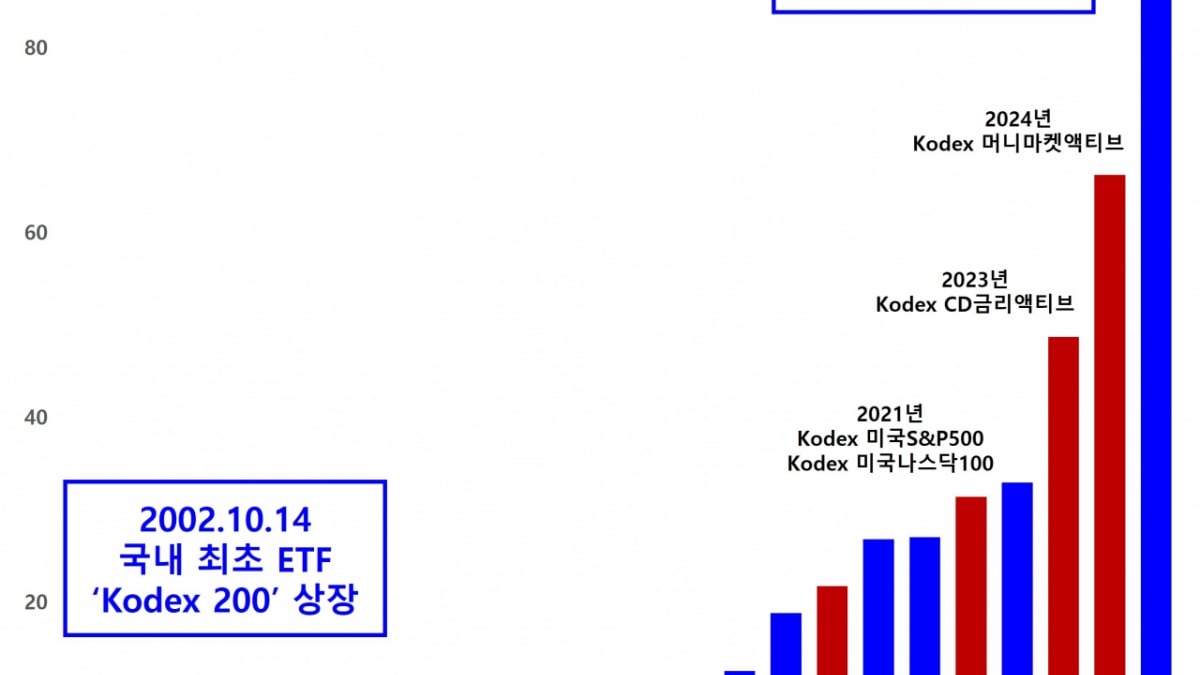 KODEX 순자산 100조원까지의 주요 상품 연혁. 2002년 KODEX 200 상장에서 2025년 KODEX 순자산 100조원까지 이어지는 성장 연표