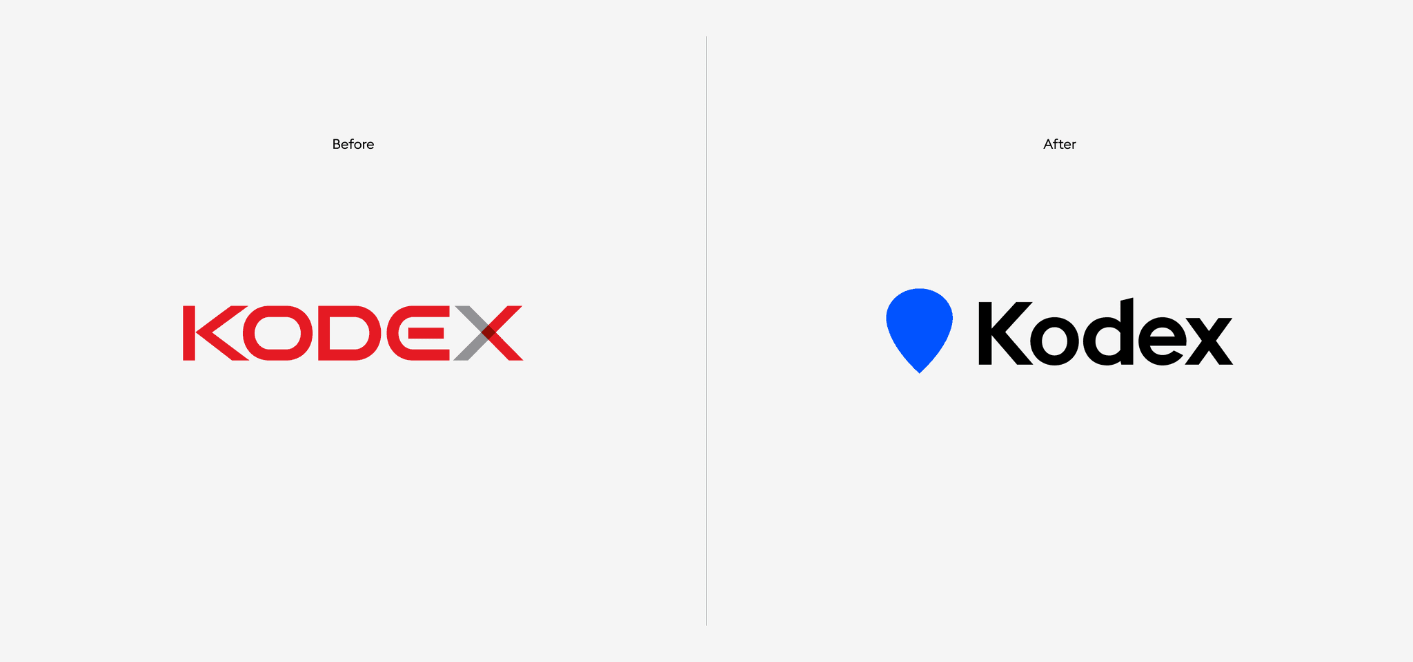 2022년 KODEX 브랜드 개편 전후. 붉은 대문자 KODEX와 파란 심볼을 붙인 검은 Kodex 로고의 전후 비교
