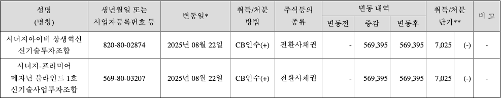 위츠 전환사채 취득 내역. 2025년 8월 공시. 2025년 8월 22일 두 시너지 조합의 위츠 전환사채 인수 세부변동 표