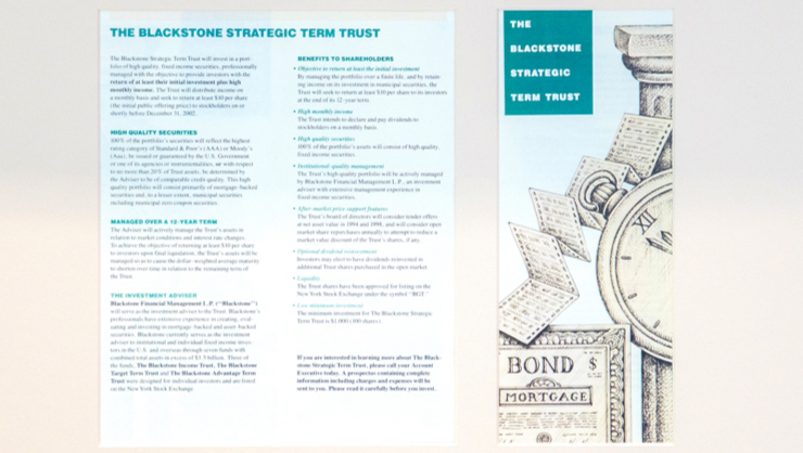초기 Blackstone Strategic Term Trust 안내책자. BlackRock 공식 역사 자료에 수록된 초기 Blackstone Strategic Term Trust 판매 안내책자